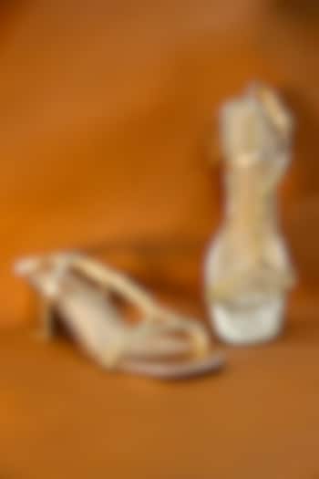 Gold Metallic Foil Leather Jewelled Strap Block Heel Sandals by Oroh at Pernia's Pop Up Shop