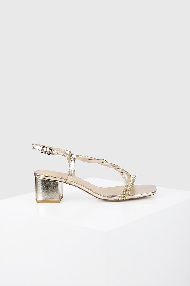 Gold Metallic Foil Leather Jewelled Strap Block Heel Sandals by Oroh at Pernia's Pop Up Shop