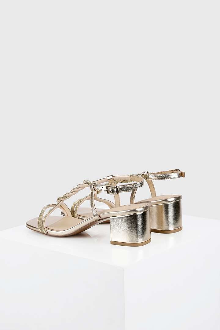 Gold Metallic Foil Leather Jewelled Strap Block Heel Sandals by Oroh at Pernia's Pop Up Shop