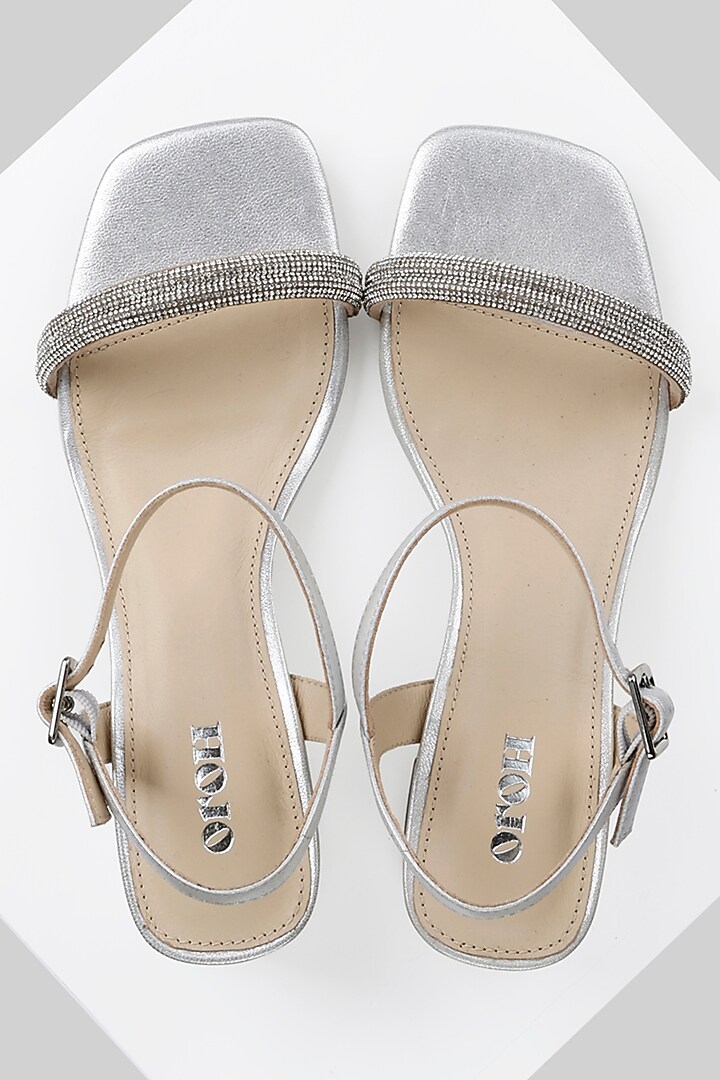 Silver Metallic Foil Leather Jewelled Strap Block Heel Sandals by Oroh at Pernia's Pop Up Shop
