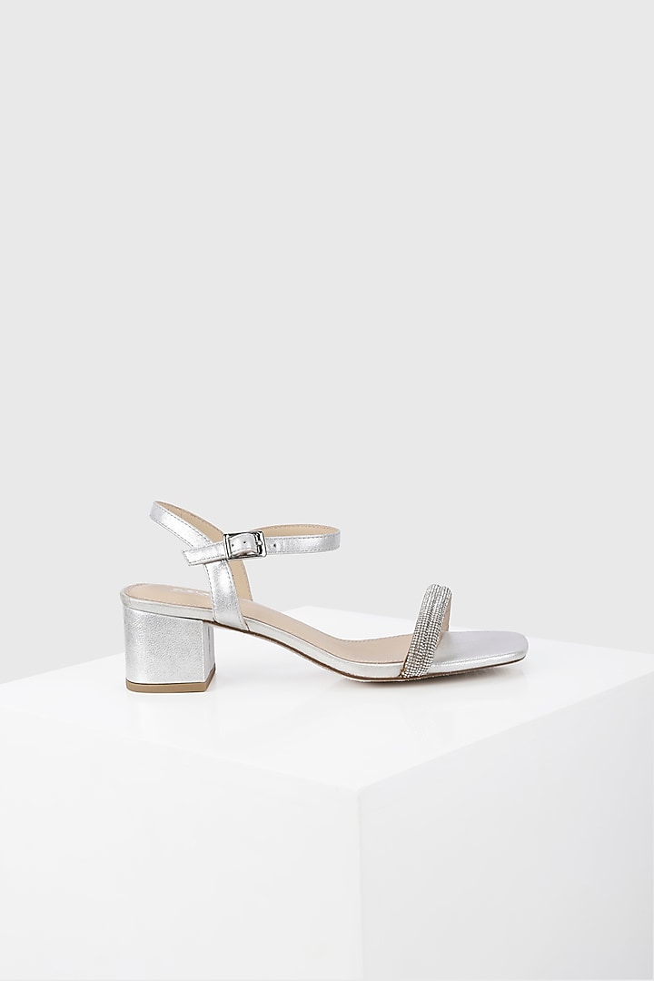Silver Metallic Foil Leather Jewelled Strap Block Heel Sandals by Oroh at Pernia's Pop Up Shop