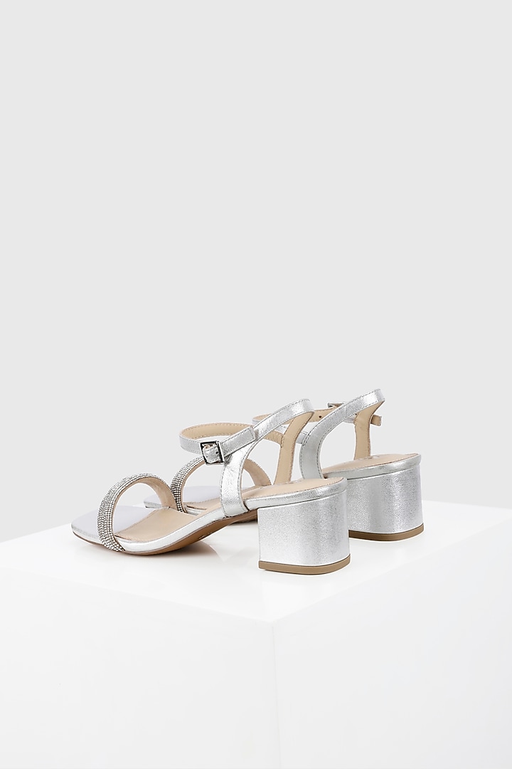 Silver Metallic Foil Leather Jewelled Strap Block Heel Sandals by Oroh at Pernia's Pop Up Shop