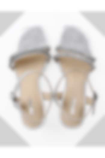 Silver Metallic Foil Leather Rhinestone Embellished Strappy Sandals by Oroh at Pernia's Pop Up Shop