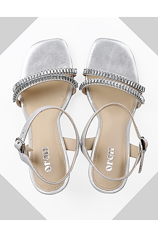 Silver Metallic Foil Leather Rhinestone Embellished Strappy Sandals by Oroh