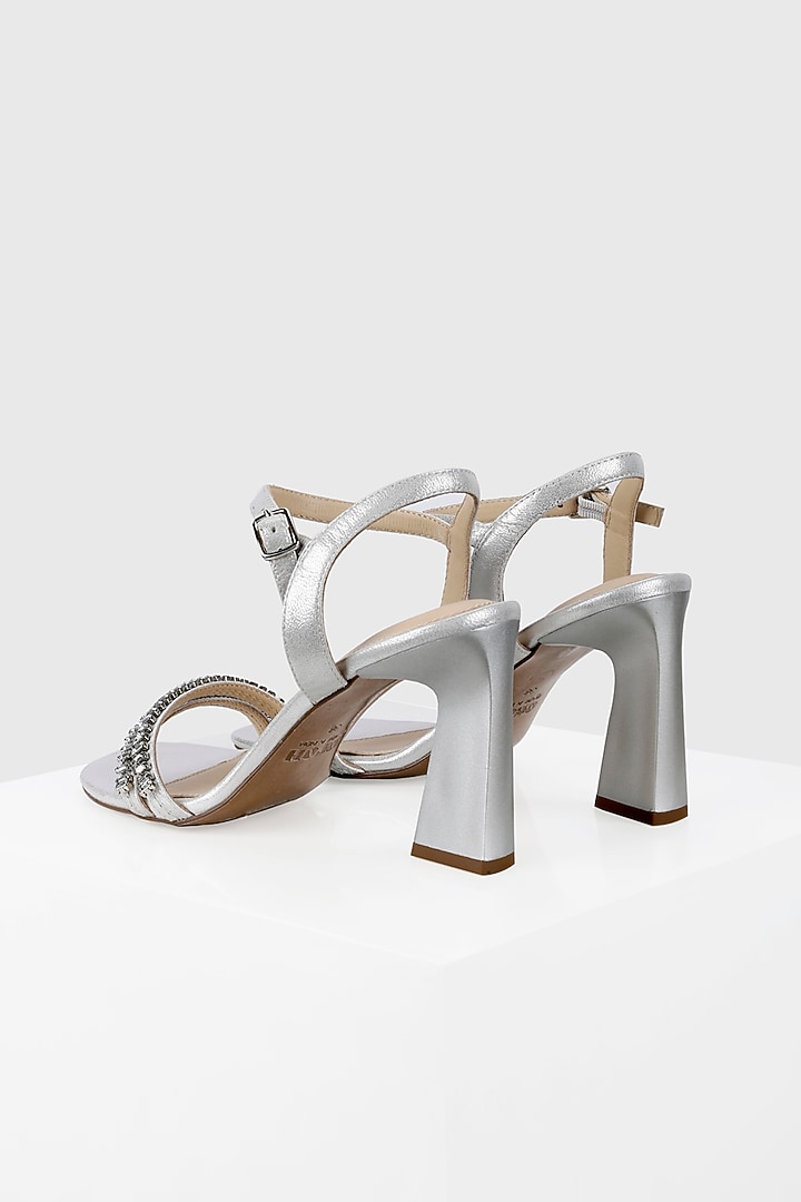 Silver Metallic Foil Leather Rhinestone Embellished Strappy Sandals by Oroh at Pernia's Pop Up Shop