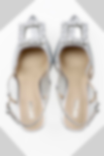 Silver Metallic Foil Leather Rhinestone Sling-Back Heels by Oroh at Pernia's Pop Up Shop