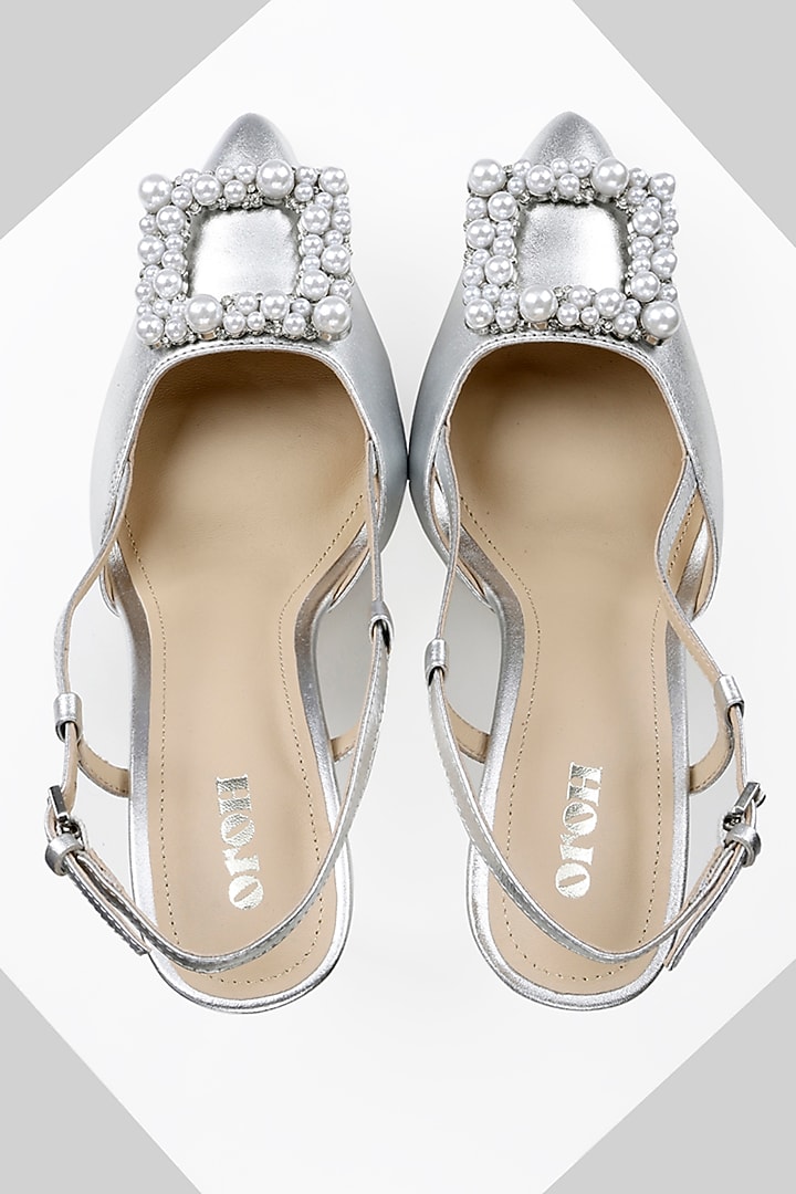 Silver Metallic Foil Leather Rhinestone Sling-Back Heels by Oroh at Pernia's Pop Up Shop