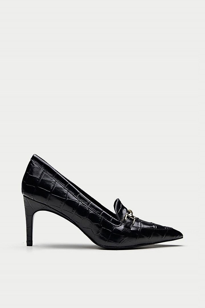 Black Cross Embossed Leather Pump Heels by Oroh at Pernia's Pop Up Shop