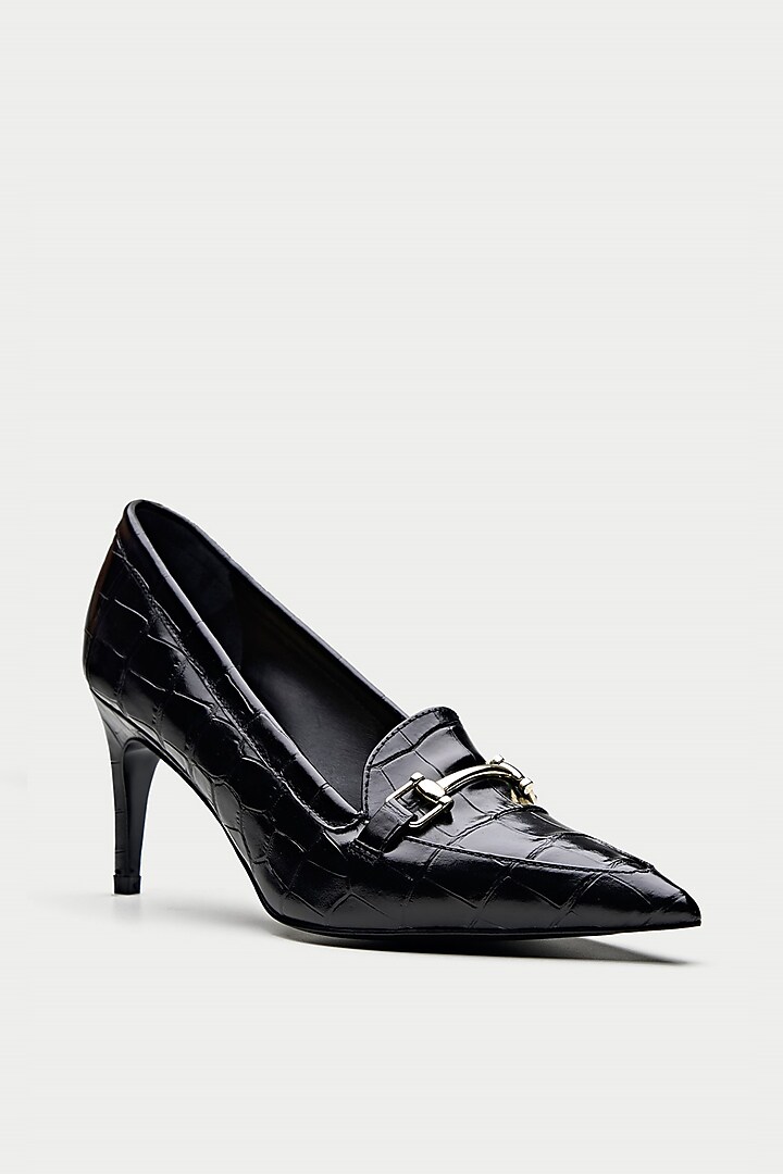 Black Cross Embossed Leather Pump Heels by Oroh at Pernia's Pop Up Shop