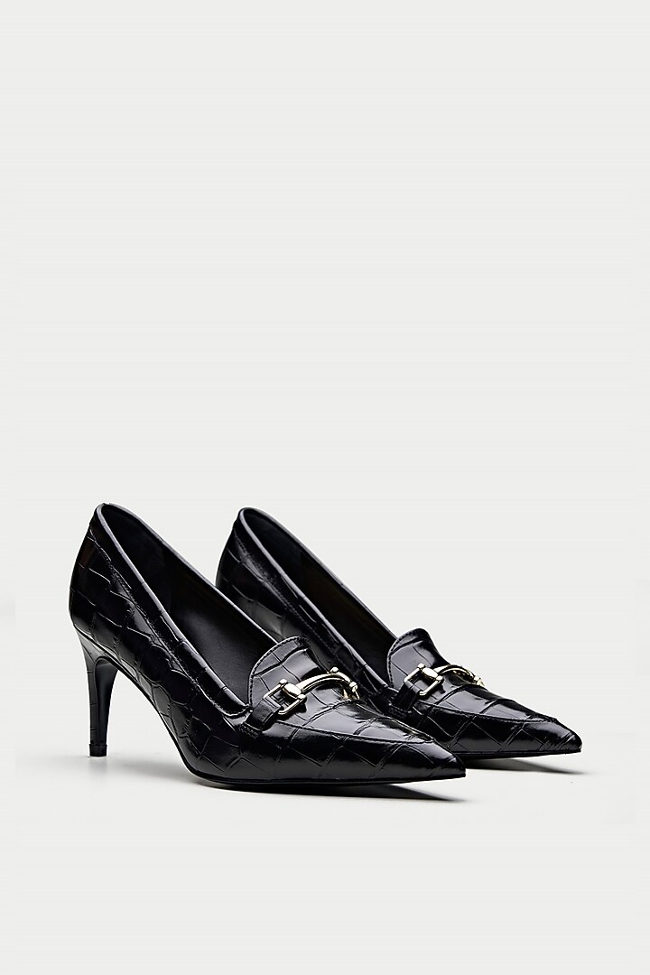 Black Cross Embossed Leather Pump Heels by Oroh at Pernia's Pop Up Shop