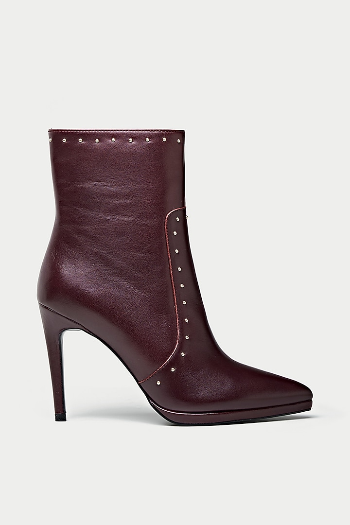Dark Maroon Genuine Leather Studded Ankle Boots by Oroh at Pernia's Pop Up Shop