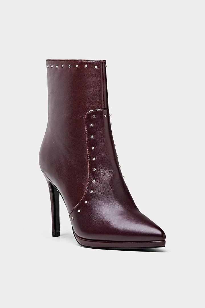 Dark Maroon Genuine Leather Studded Ankle Boots by Oroh at Pernia's Pop Up Shop