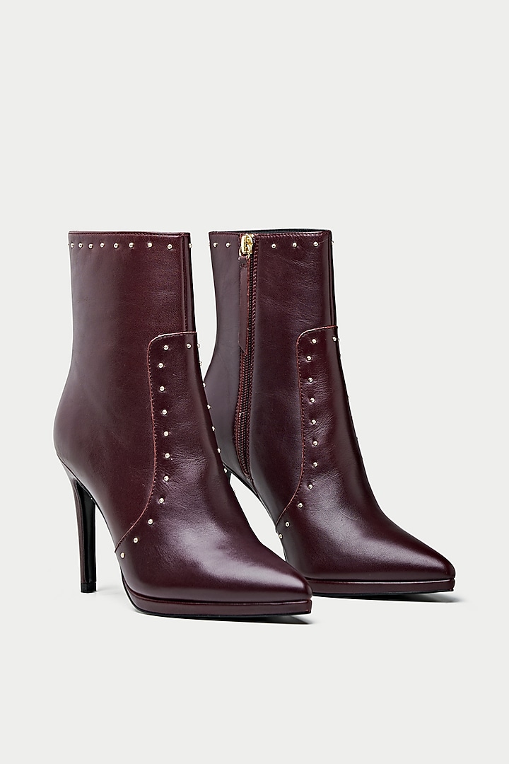 Dark Maroon Genuine Leather Studded Ankle Boots by Oroh at Pernia's Pop Up Shop