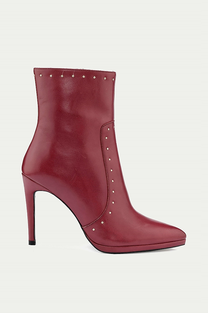 Maroon Genuine Leather Studded Ankle Boots by Oroh at Pernia's Pop Up Shop