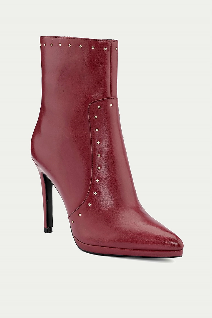 Maroon Genuine Leather Studded Ankle Boots by Oroh at Pernia's Pop Up Shop