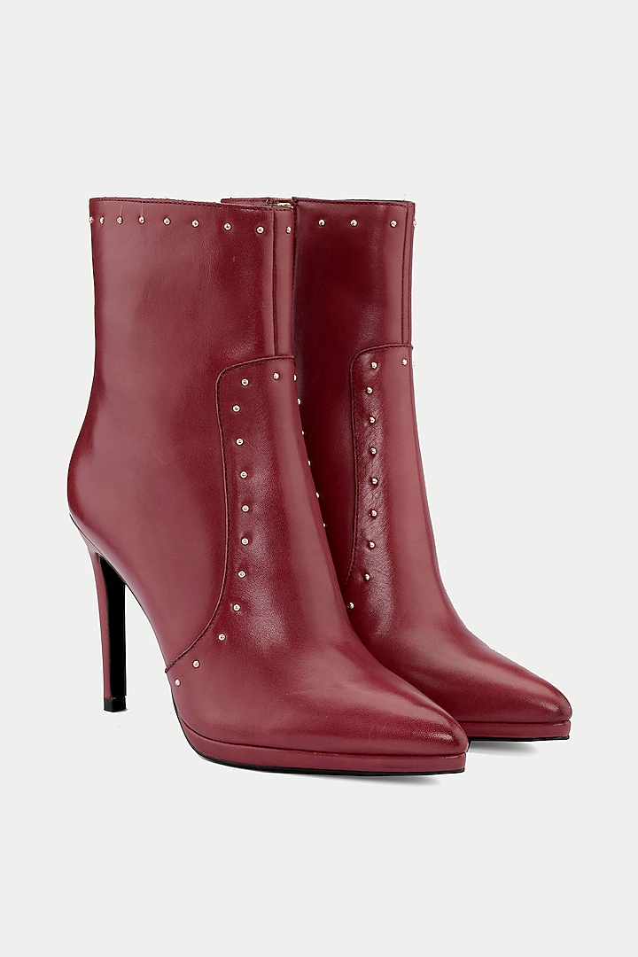Maroon Genuine Leather Studded Ankle Boots by Oroh at Pernia's Pop Up Shop