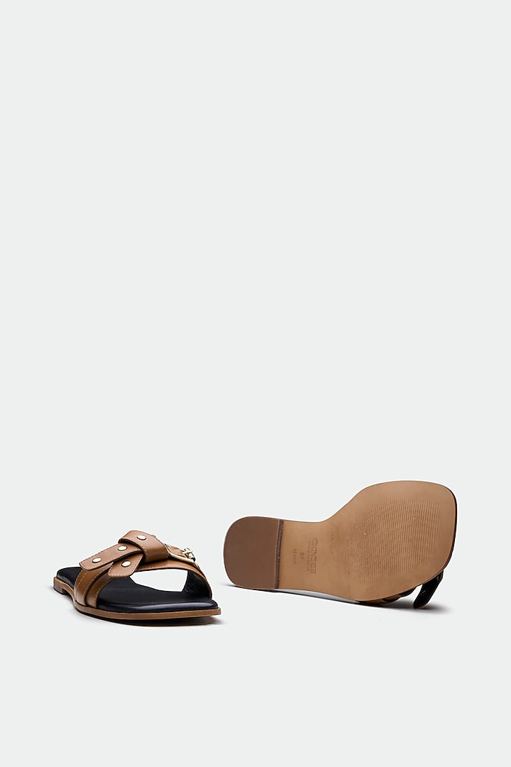 Tan Genuine Leather Open-Toe Flats by Oroh at Pernia's Pop Up Shop