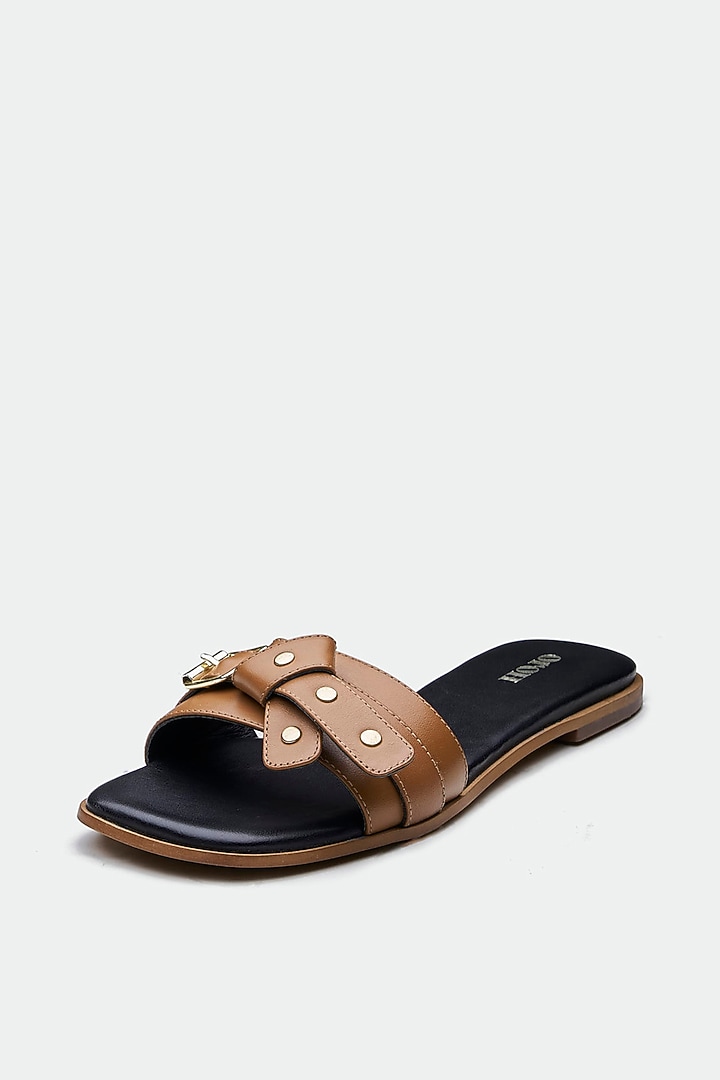 Tan Genuine Leather Open-Toe Flats by Oroh at Pernia's Pop Up Shop