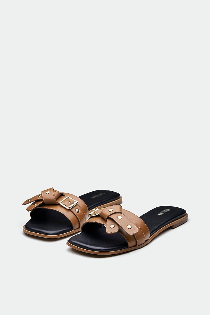 Tan Genuine Leather Open-Toe Flats by Oroh at Pernia's Pop Up Shop