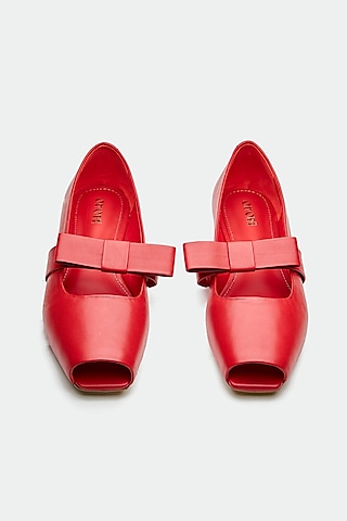 Red Genuine Leather Peep-Toe Flats by Oroh
