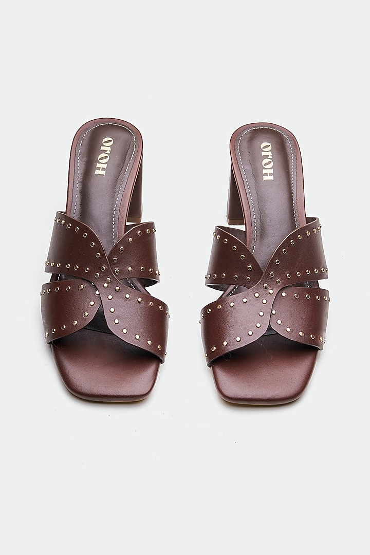 Brown Genuine Leather Embellished Mule Sandals by Oroh at Pernia's Pop Up Shop