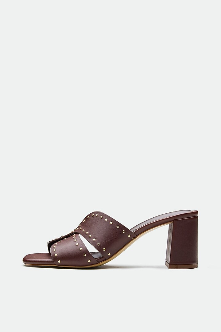 Brown Genuine Leather Embellished Mule Sandals by Oroh at Pernia's Pop Up Shop