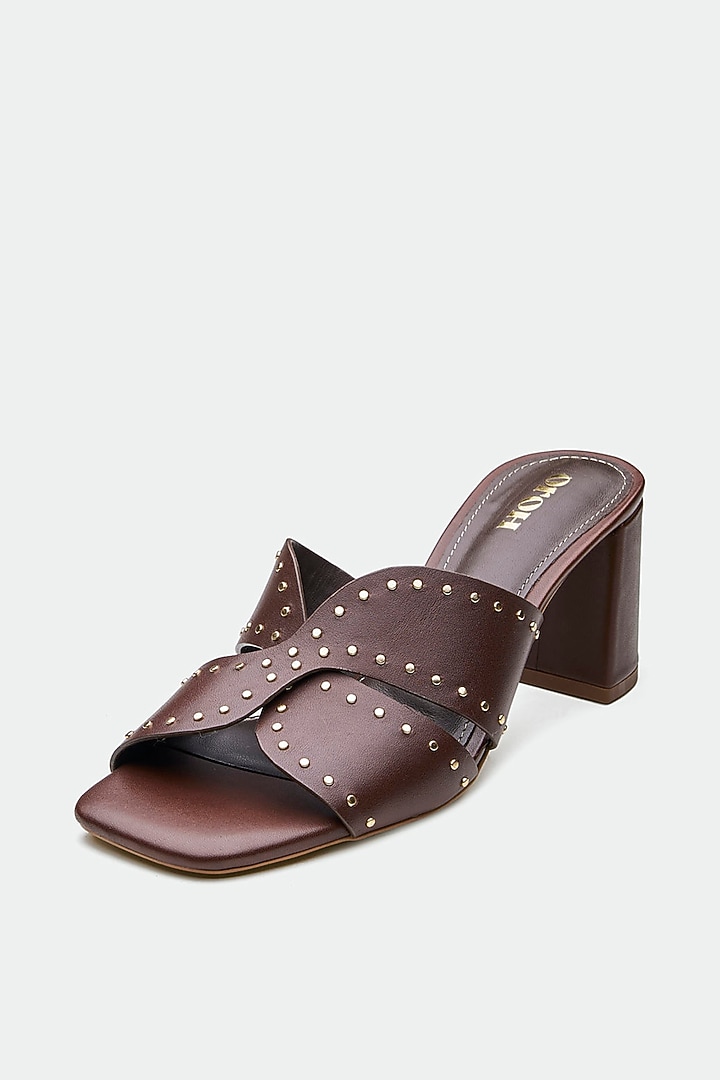 Brown Genuine Leather Embellished Mule Sandals by Oroh at Pernia's Pop Up Shop