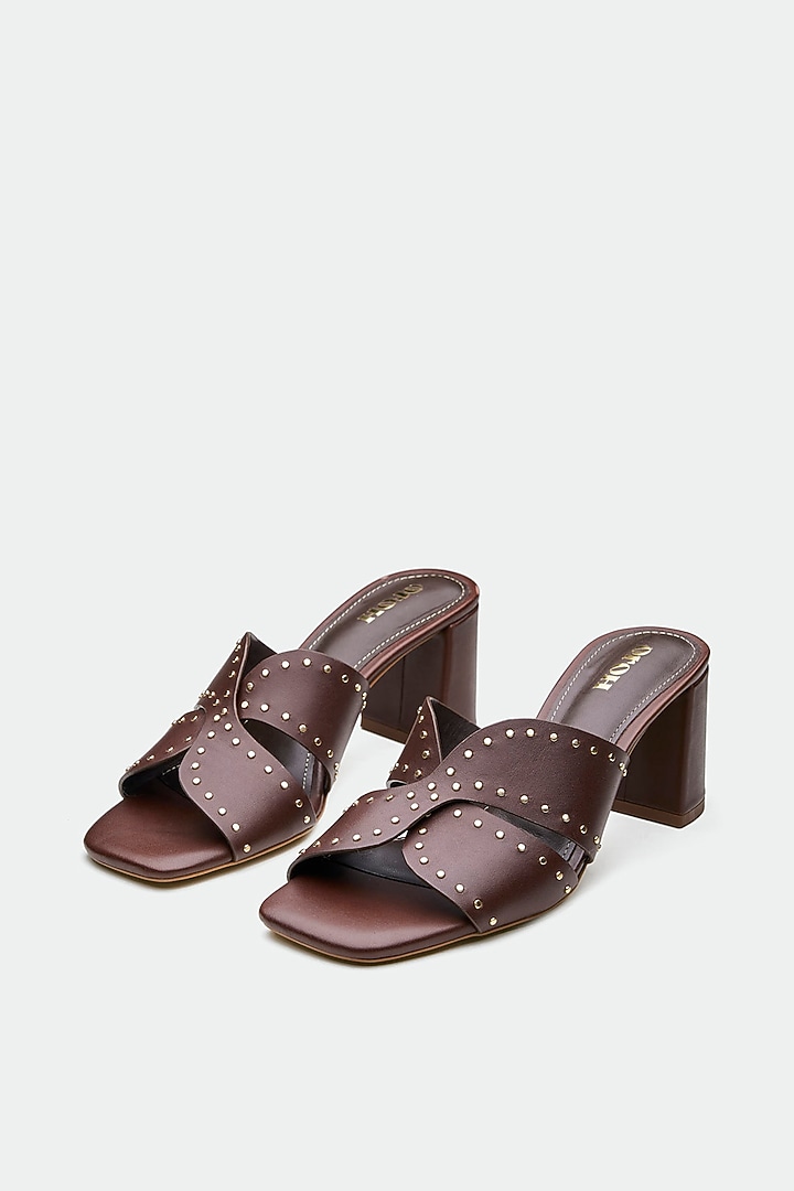 Brown Genuine Leather Embellished Mule Sandals by Oroh at Pernia's Pop Up Shop
