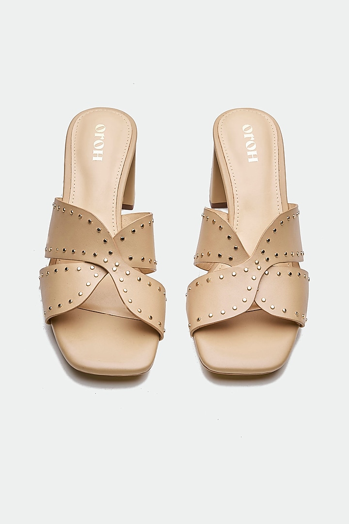 Nude Genuine Leather Embellished Mule Sandals by Oroh at Pernia's Pop Up Shop