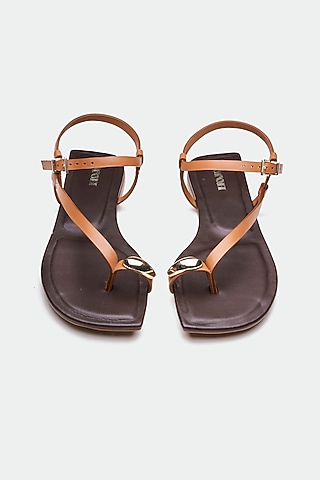 Tan Genuine Leather Toe-Loop Flats by Oroh