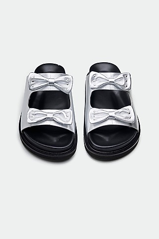 Silver Genuine Leather Flats by Oroh