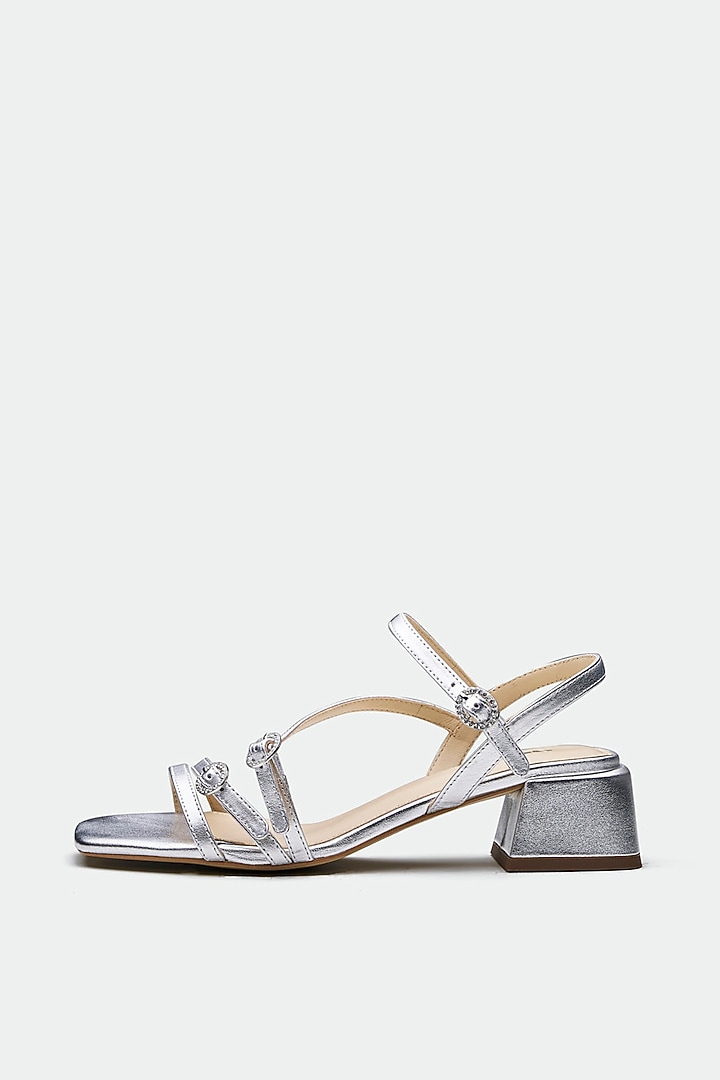 Silver Genuine Leather Open-Toe Block Heels by Oroh at Pernia's Pop Up Shop