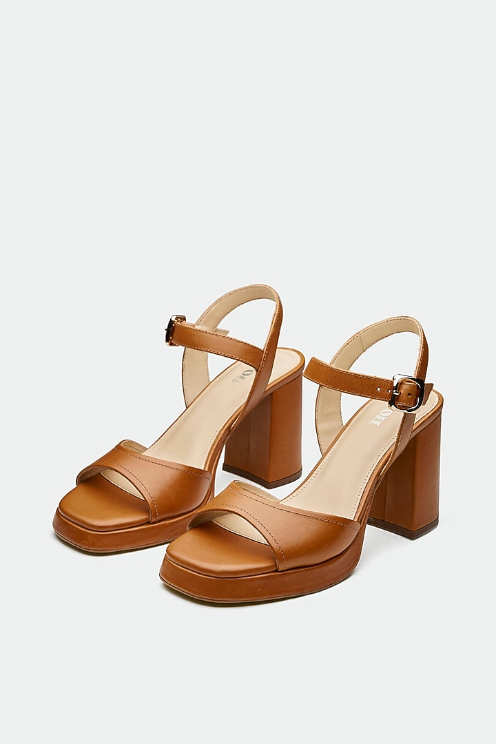 Tan Genuine Leather Block Heels by Oroh at Pernia's Pop Up Shop