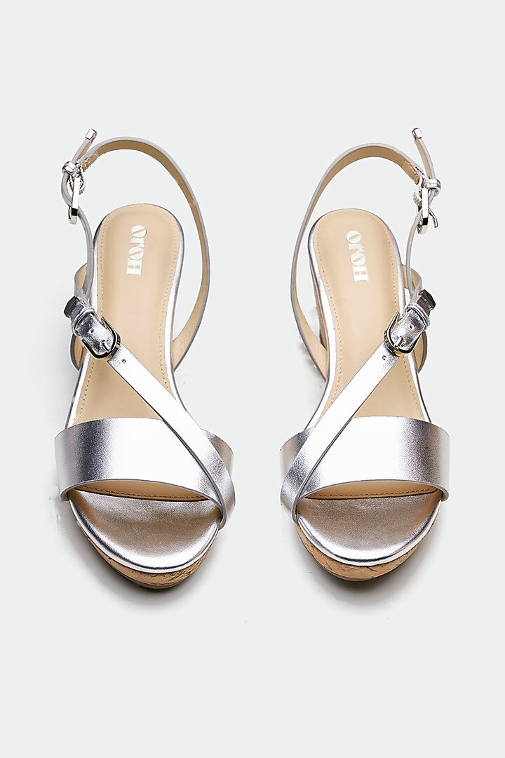 Silver Genuine Leather Cork Textured Wedges by Oroh at Pernia's Pop Up Shop