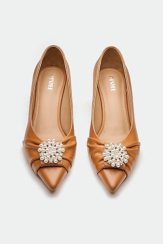 Tan Genuine Leather Kitten Heels by Oroh