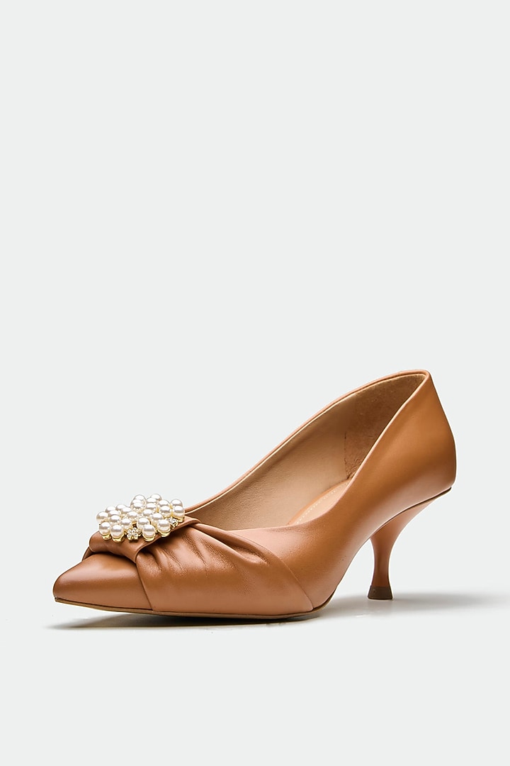 Tan Genuine Leather Kitten Heels by Oroh at Pernia's Pop Up Shop