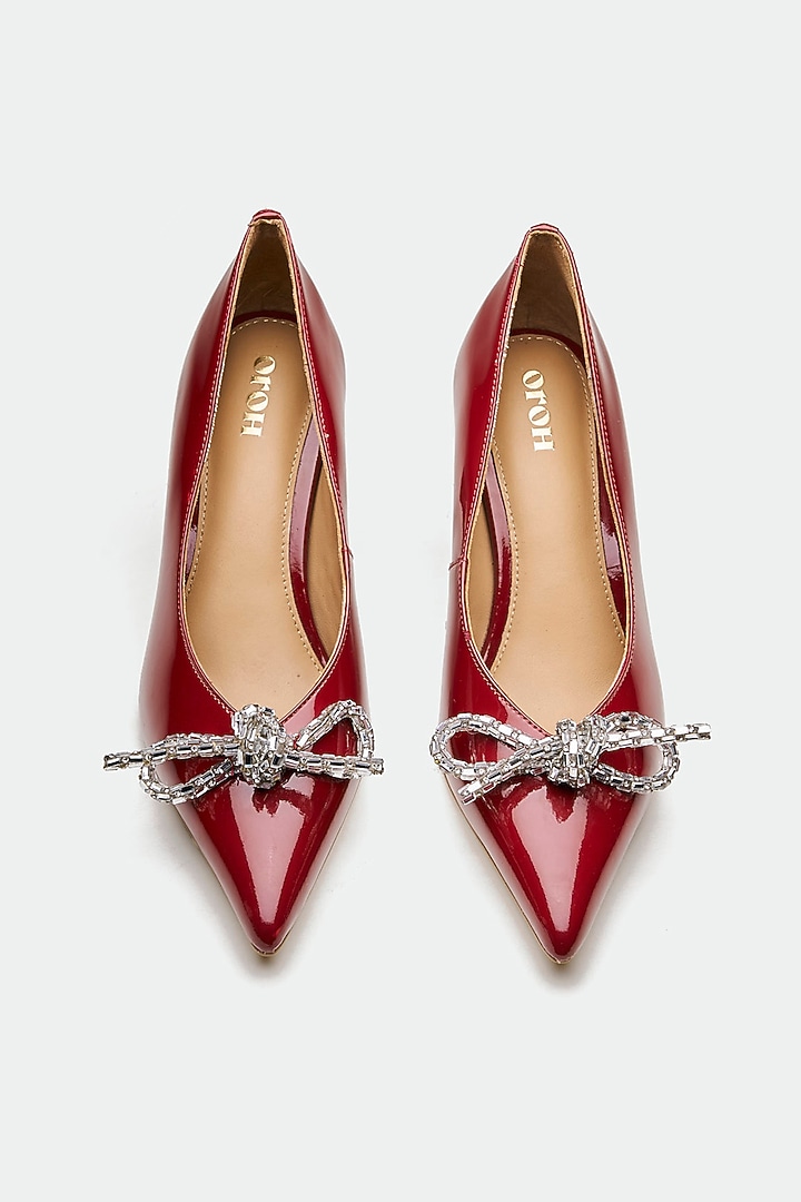 Red Patent Leather Crystal Bow Stiletto Heels by Oroh at Pernia's Pop Up Shop