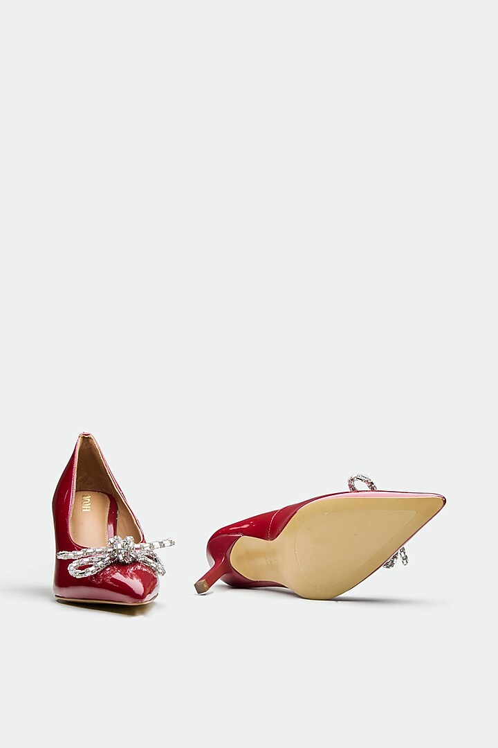 Red Patent Leather Crystal Bow Stiletto Heels by Oroh at Pernia's Pop Up Shop