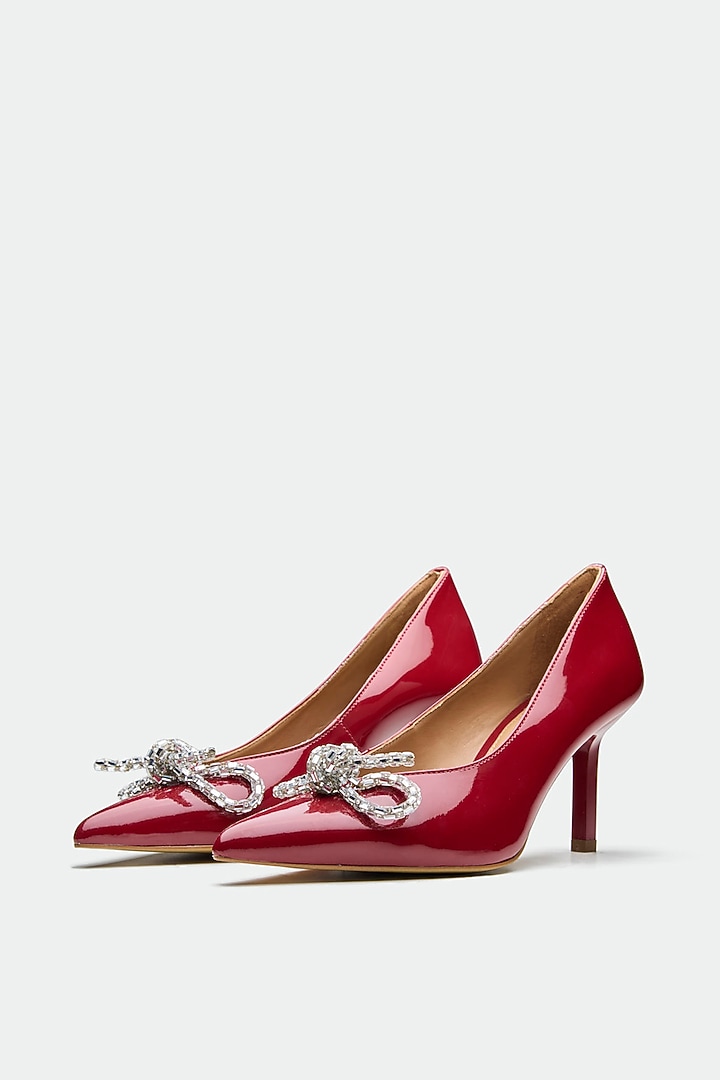 Red Patent Leather Crystal Bow Stiletto Heels by Oroh at Pernia's Pop Up Shop