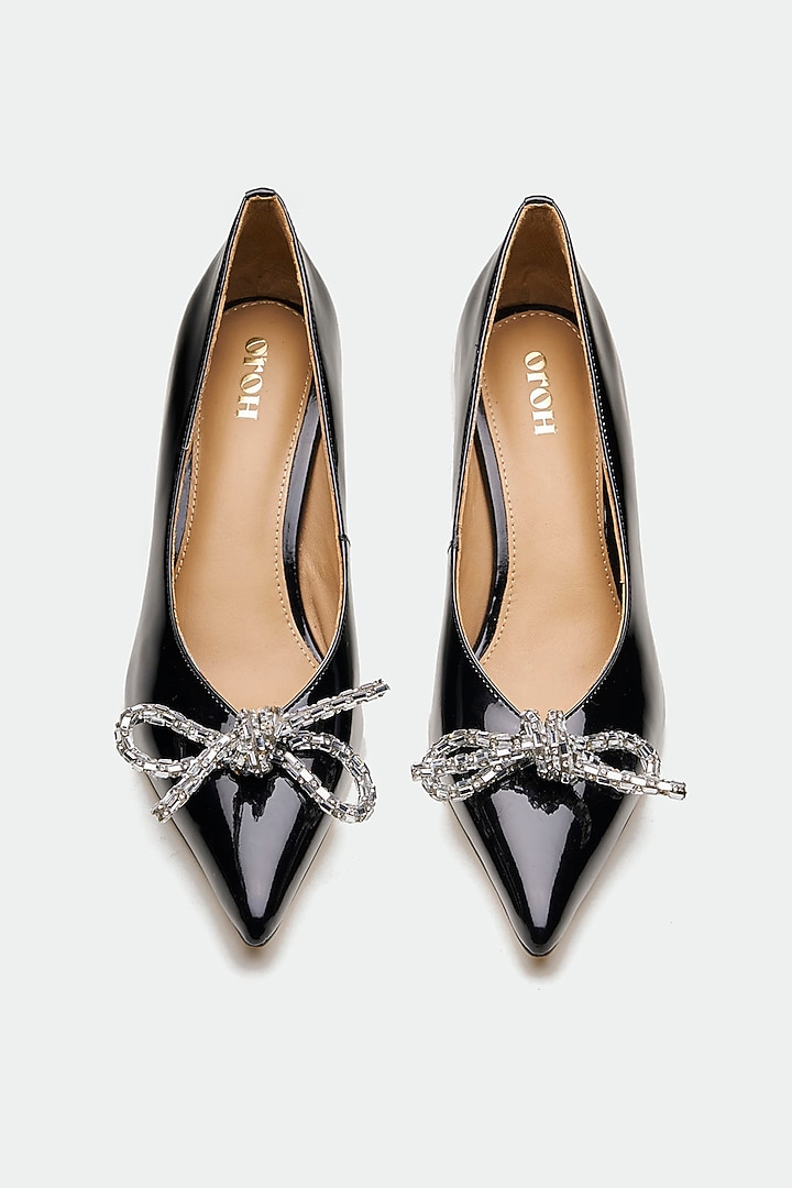 Black Patent Leather Crystal Bow Stiletto Heels by Oroh at Pernia's Pop Up Shop