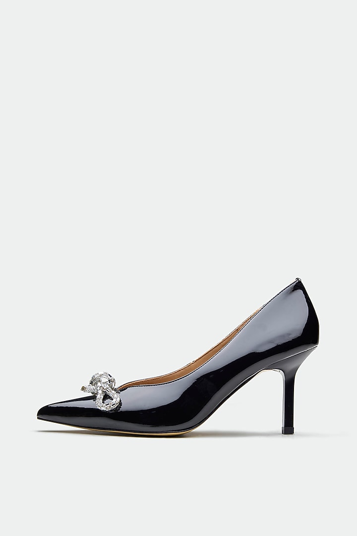 Black Patent Leather Crystal Bow Stiletto Heels by Oroh at Pernia's Pop Up Shop