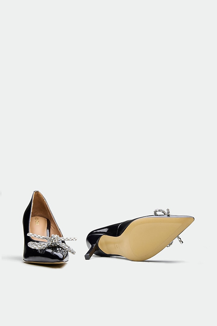 Black Patent Leather Crystal Bow Stiletto Heels by Oroh at Pernia's Pop Up Shop