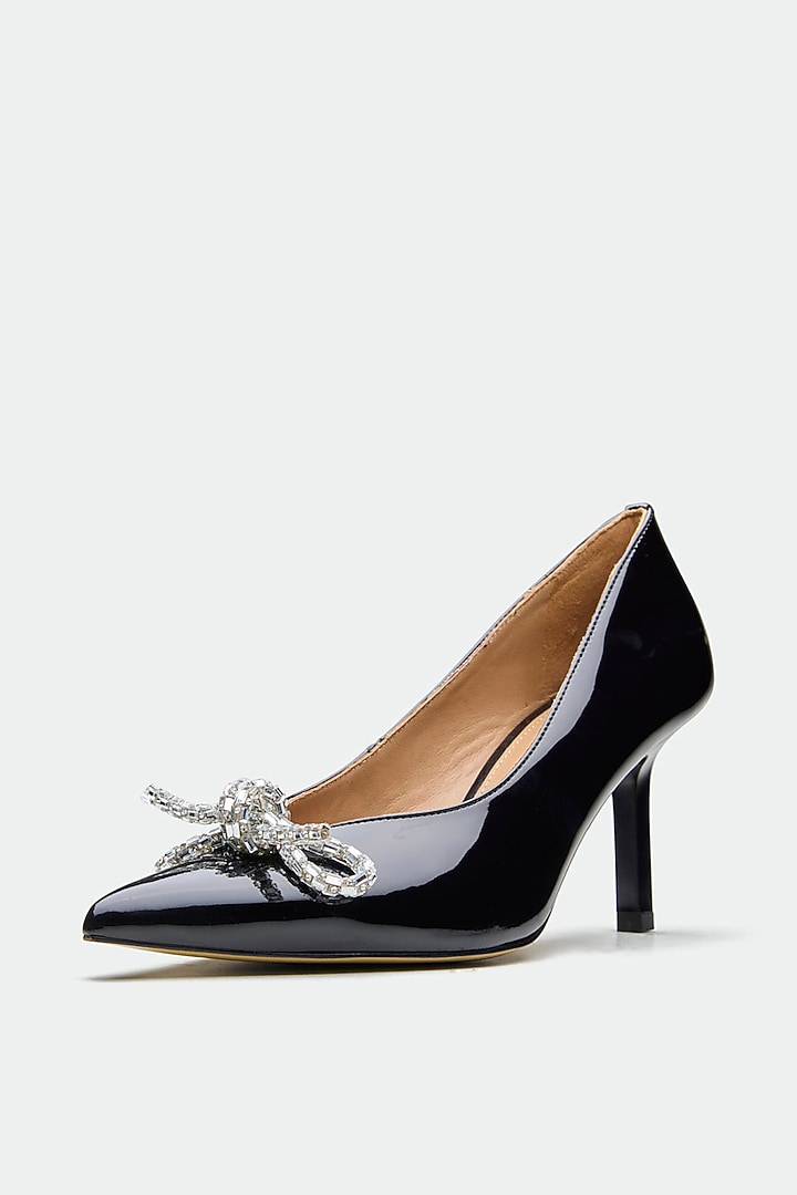 Black Patent Leather Crystal Bow Stiletto Heels by Oroh at Pernia's Pop Up Shop