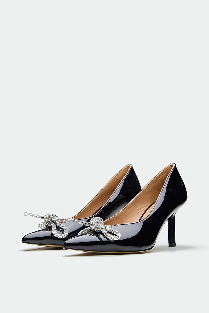 Black Patent Leather Crystal Bow Stiletto Heels by Oroh at Pernia's Pop Up Shop