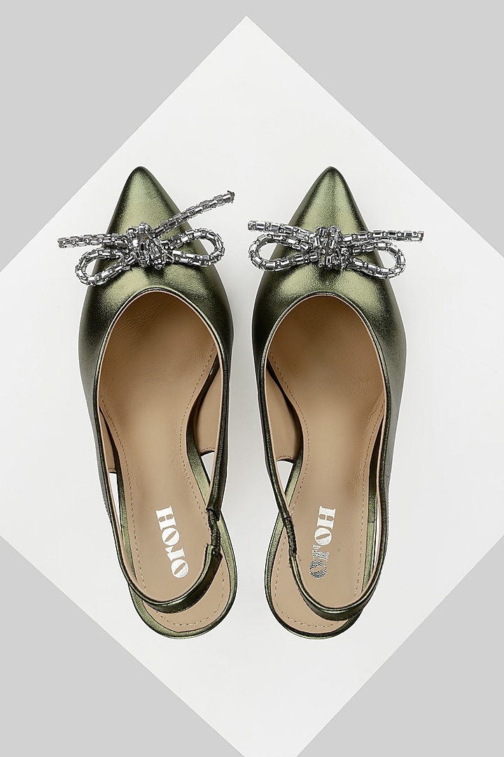 Green Foil Leather Slingback Heels by Oroh at Pernia's Pop Up Shop