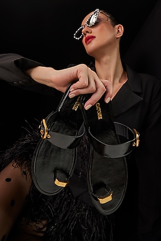 Black Genuine Leather Flats by Oroh