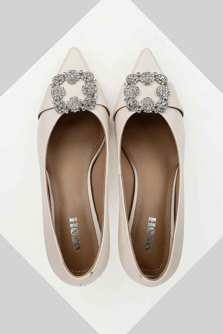 White Genuine Leather Stone Embellished Pump Heels by Oroh at Pernia's Pop Up Shop
