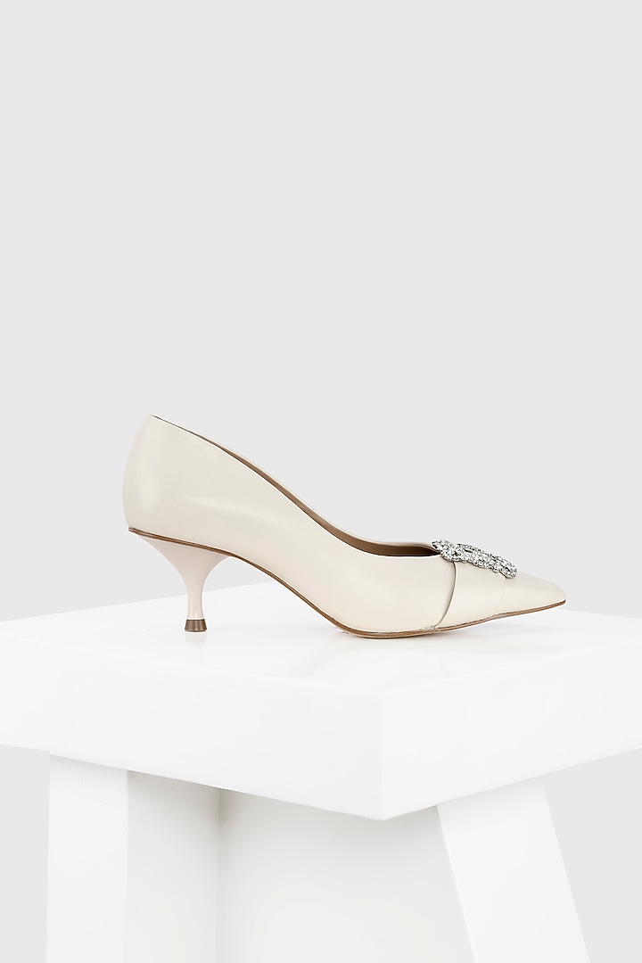 White Genuine Leather Stone Embellished Pump Heels by Oroh at Pernia's Pop Up Shop