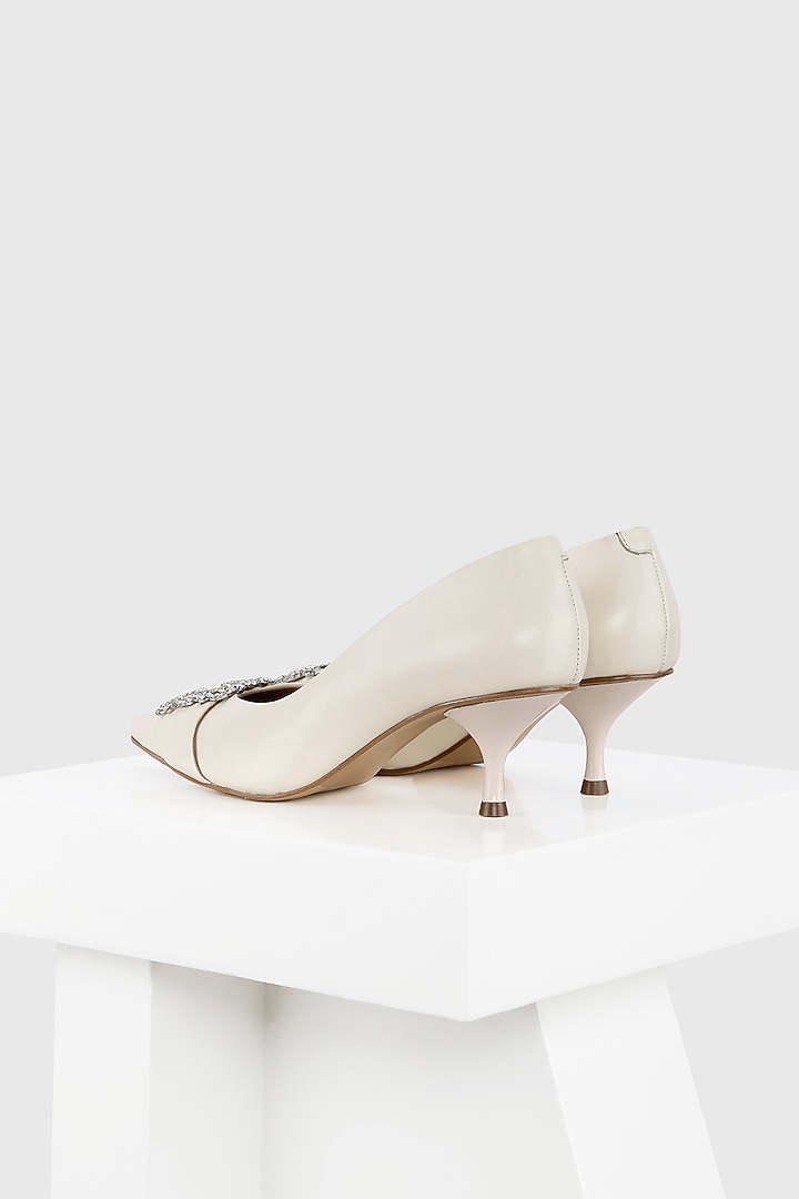 White Genuine Leather Stone Embellished Pump Heels by Oroh at Pernia's Pop Up Shop