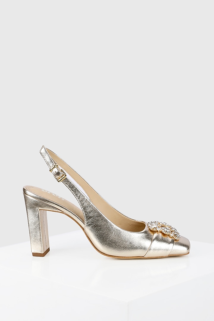 Gold Genuine Leather Square-Toe Heels by Oroh at Pernia's Pop Up Shop
